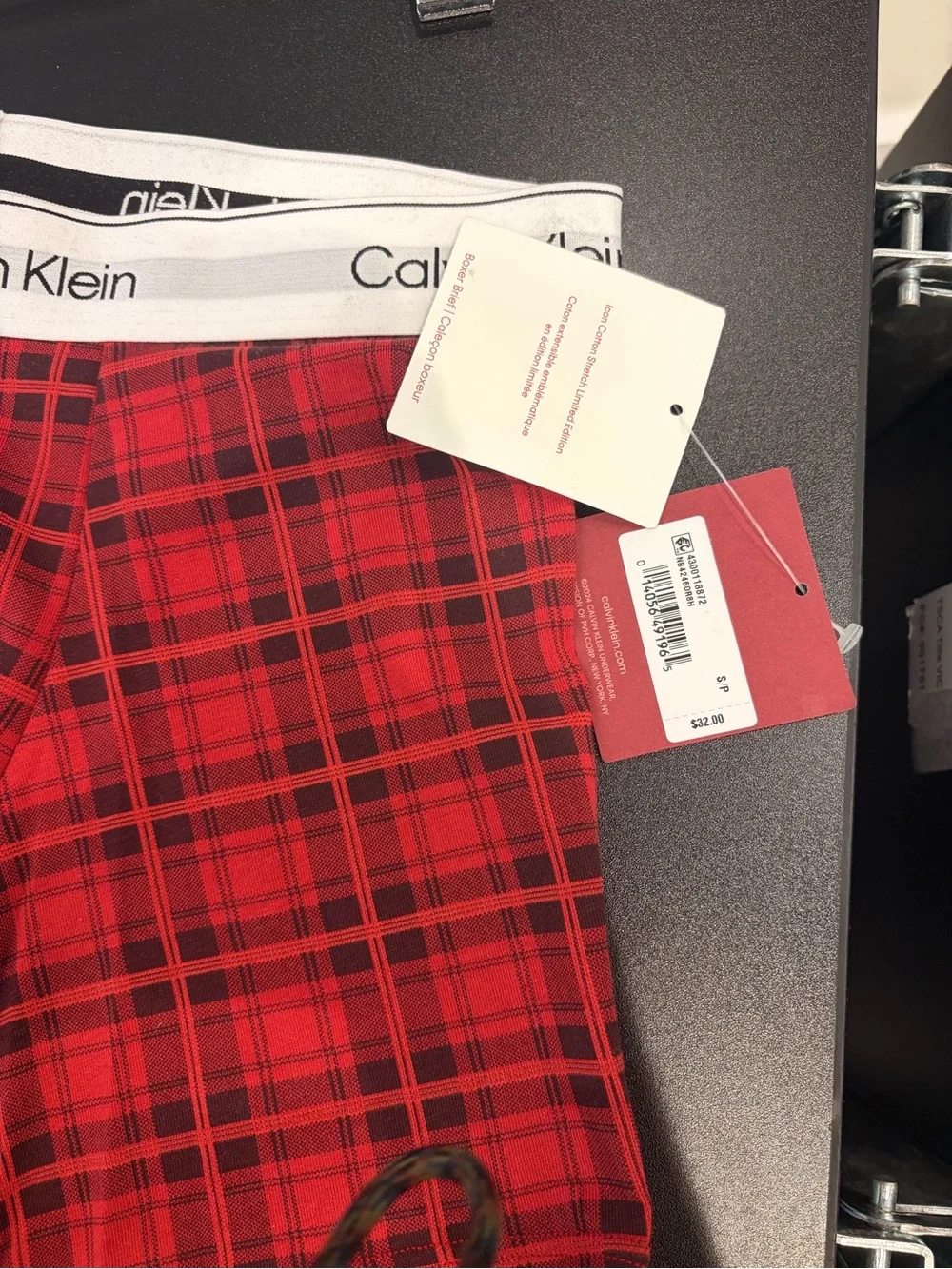 Calvin Klein Red Plaid Stretch Boxer Briefs with Logo Waistband new